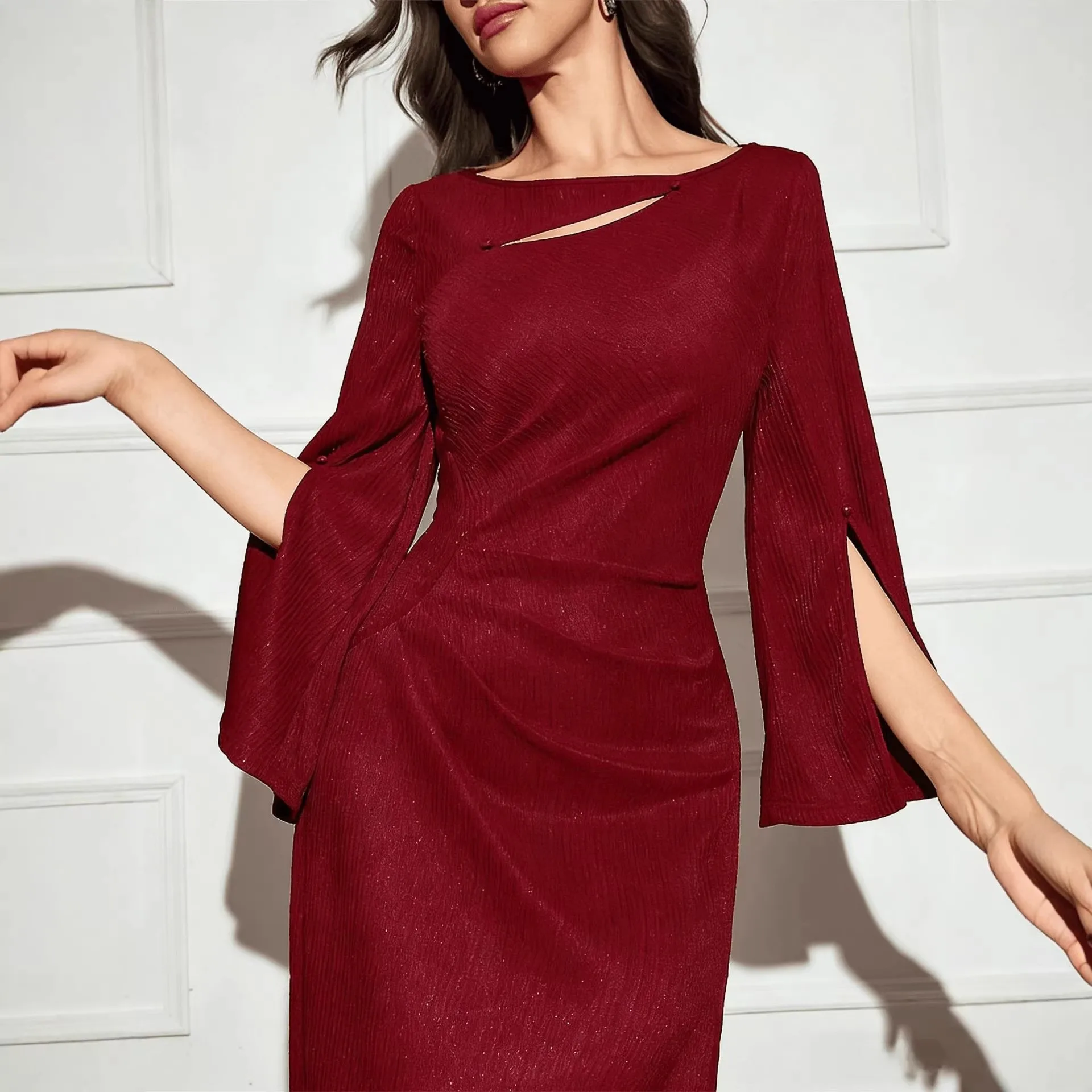 Elegant Party Dress Red Long Sleeve Round Neck Dresses Waist Cinched Slim Fit Evening Dress Pleated Wrap Style Maxi Dress
Elegant Party Dress Red Long Sleeve Round Neck Dresses Waist Cinched Slim Fit Evening Dress Pleated Wrap Style Maxi Dress