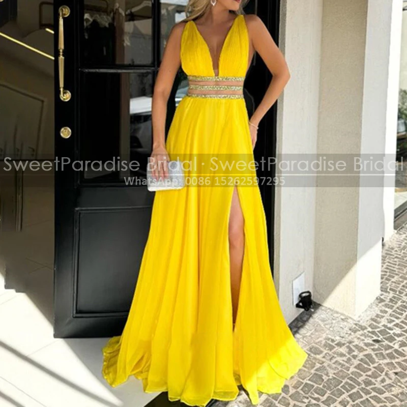 Deep V Neck Long Evening Dress With Side Slit A Line Customized Transparent Waist Gold Yellow Chiffon Pageant Dresses Party
Deep V Neck Long Evening Dress With Side Slit A Line Customized Transparent Waist Gold Yellow Chiffon Pageant Dresses Party