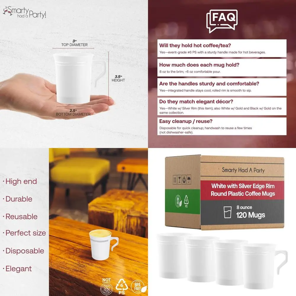 Белые одноразовые кофейные стаканы объемом 8 унций с серебряными ободками и ручками для вечеринок, офисов и деловых мероприятий
Белые одноразовые кофейные стаканы объемом 8 унций с серебряными ободками и ручками для вечеринок, офисов и деловых мероприятий