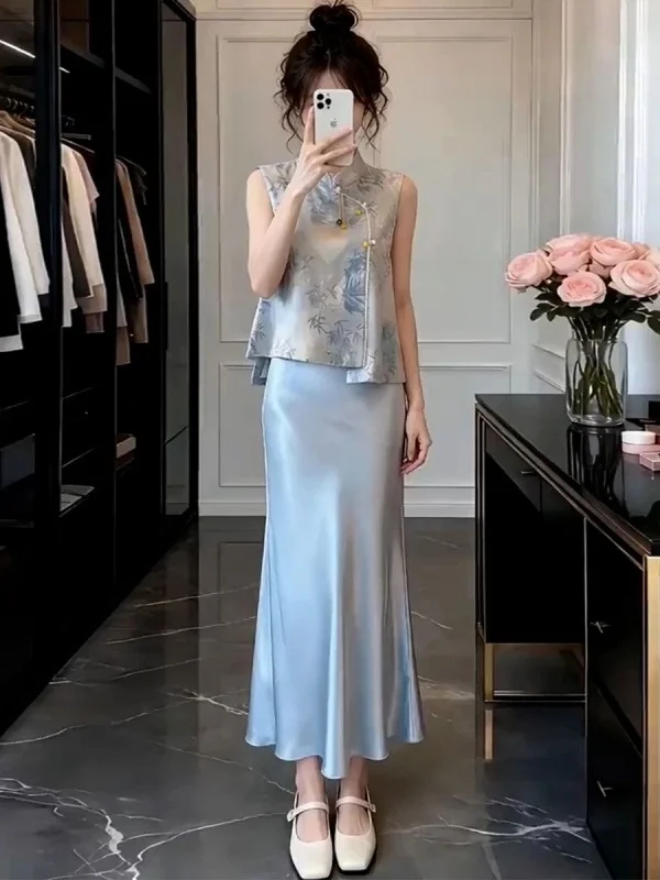 New 2026 Summer Chinese Style Printed No-Sleeve Vest Satin Half Skirt Two-Piece Set Fashionable Maternity Women's Wear
New 2026 Summer Chinese Style Printed No-Sleeve Vest Satin Half Skirt Two-Piece Set Fashionable Maternity Women's Wear