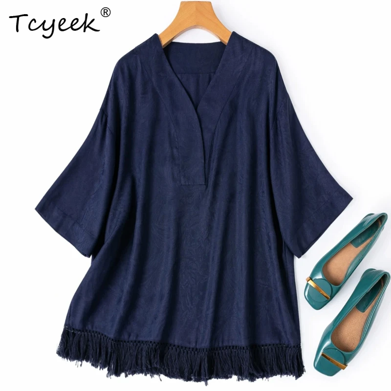 Tcyeek 100% Real Silk Women T Shirt 2026 Spring Summer Dark Blue Tassel Vacation Style Loose Top Clothes for Woman Ropa De Mujer
Tcyeek 100% Real Silk Women T Shirt 2026 Spring Summer Dark Blue Tassel Vacation Style Loose Top Clothes for Woman Ropa De Mujer