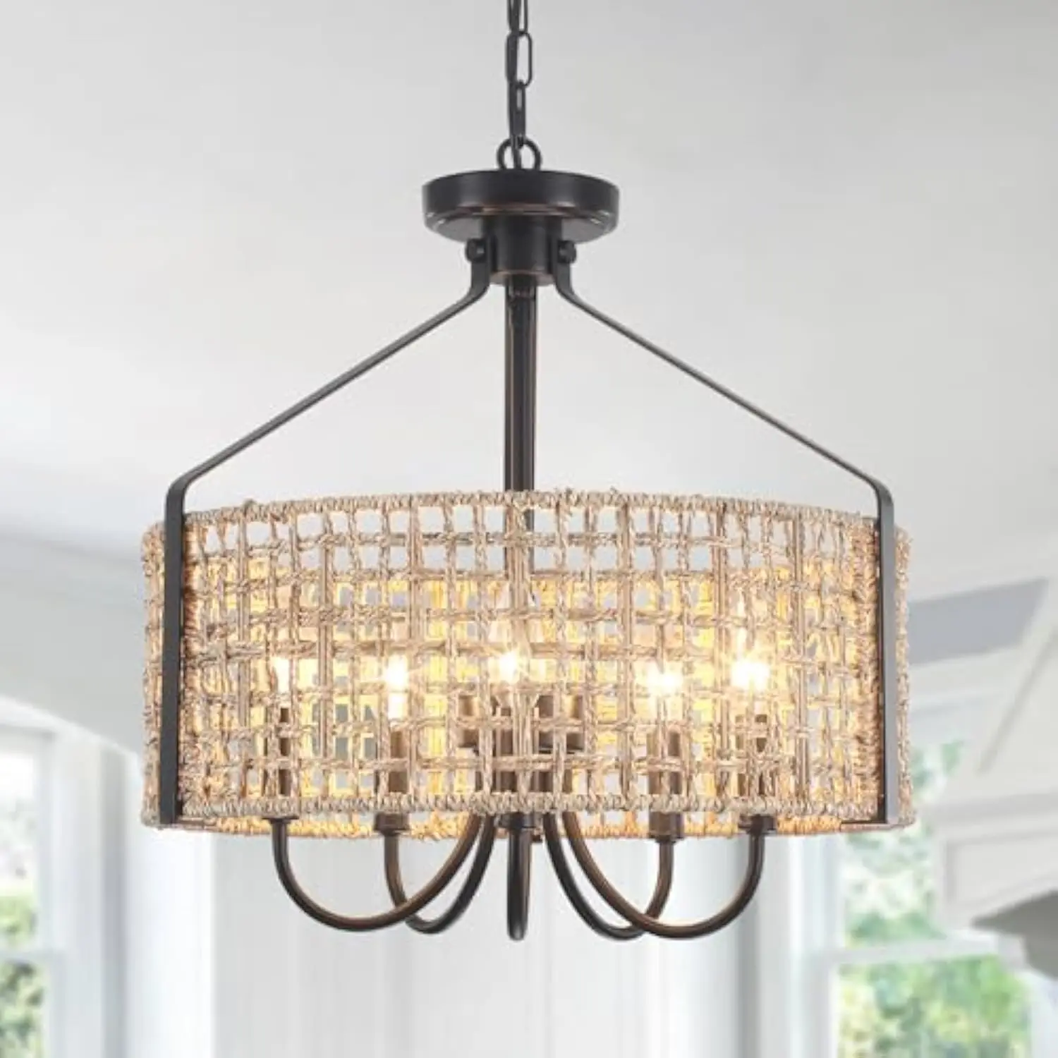 18" Rattan Drum Chandelier for Dining Room, 5-Light Boho Chandelier Light Fixture with Woven Wicker Shade, Rustic Farmhouse Pen
18" Rattan Drum Chandelier for Dining Room, 5-Light Boho Chandelier Light Fixture with Woven Wicker Shade, Rustic Farmhouse Pen