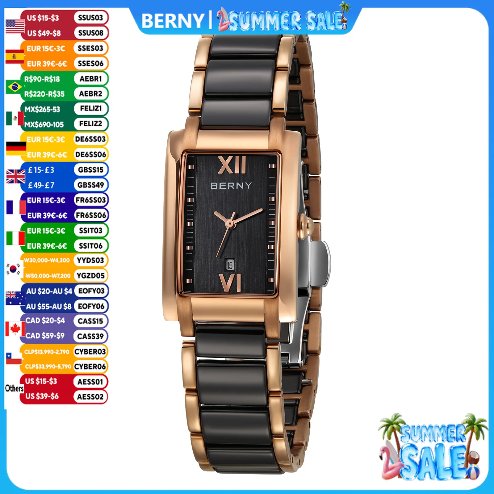 BERNY Women Watch Classic Rectangle Ceramics Calendar Luxury Ladies Quartz Watches Elegant Casual Waterproof Women's Wristwatch
BERNY Women Watch Classic Rectangle Ceramics Calendar Luxury Ladies Quartz Watches Elegant Casual Waterproof Women's Wristwatch