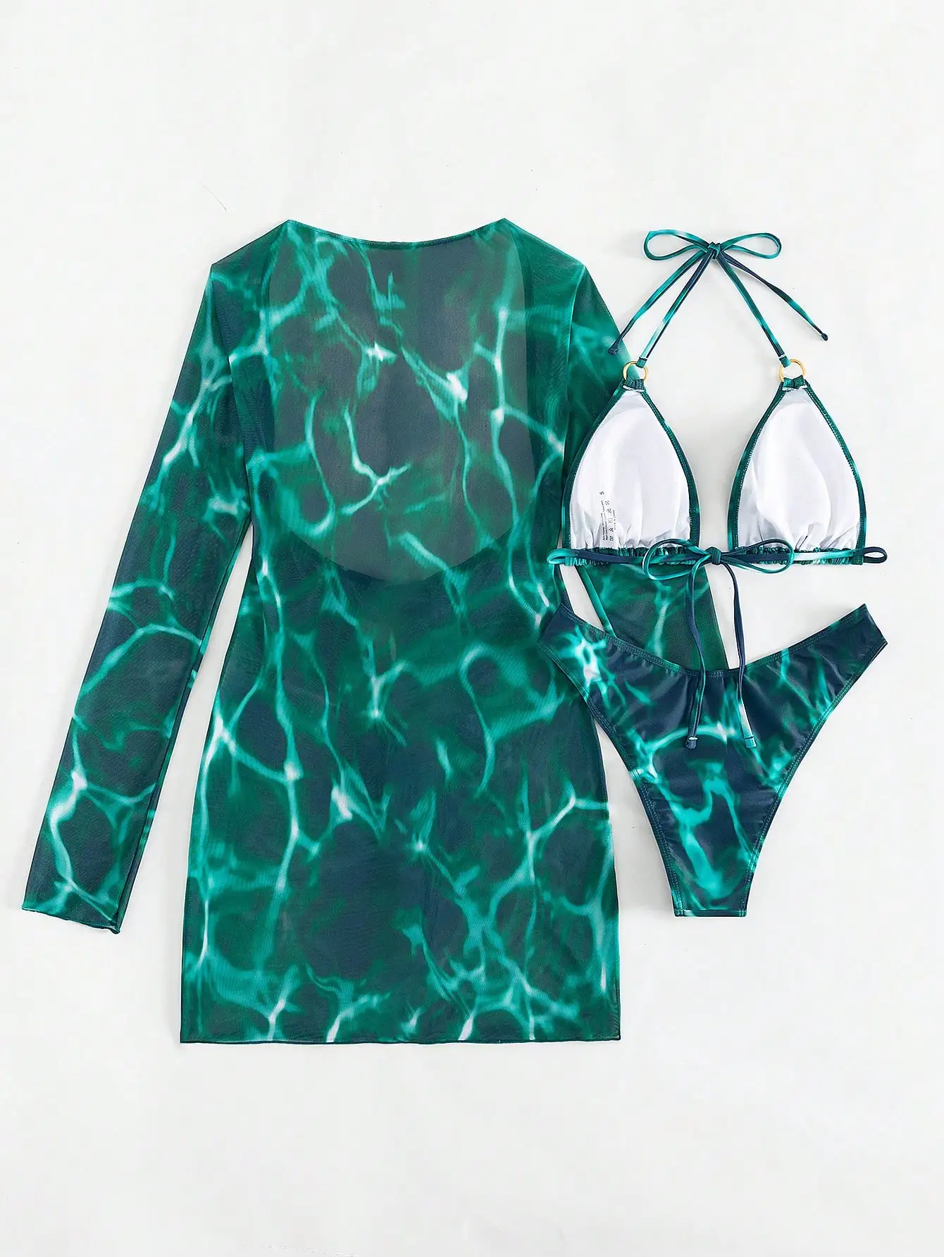 Emerald Water Ripple Print Halter Triangle Bikini With Sheer Long Sleeve Cover Up
Emerald Water Ripple Print Halter Triangle Bikini With Sheer Long Sleeve Cover Up