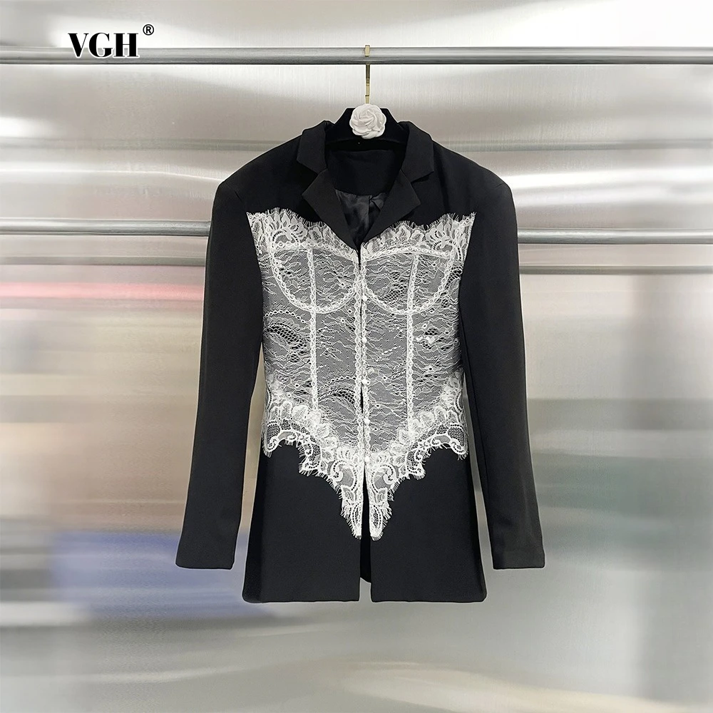 VGH Black Sexy Club Spliced Lace Jackets for Women Lapel Long Sleeve Slimming Temperament Fashion Coats Female New Style Clothes
VGH Black Sexy Club Spliced Lace Jackets for Women Lapel Long Sleeve Slimming Temperament Fashion Coats Female New Style Clothes