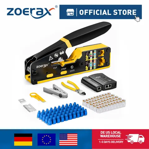 ZoeRax RJ45 CAT6 CAT5E CAT5 Crimp Tool Kit,Crimp tool,Cable Tester,Wire Cutter and Stripper,Blade,50PCS Connectors and Boots