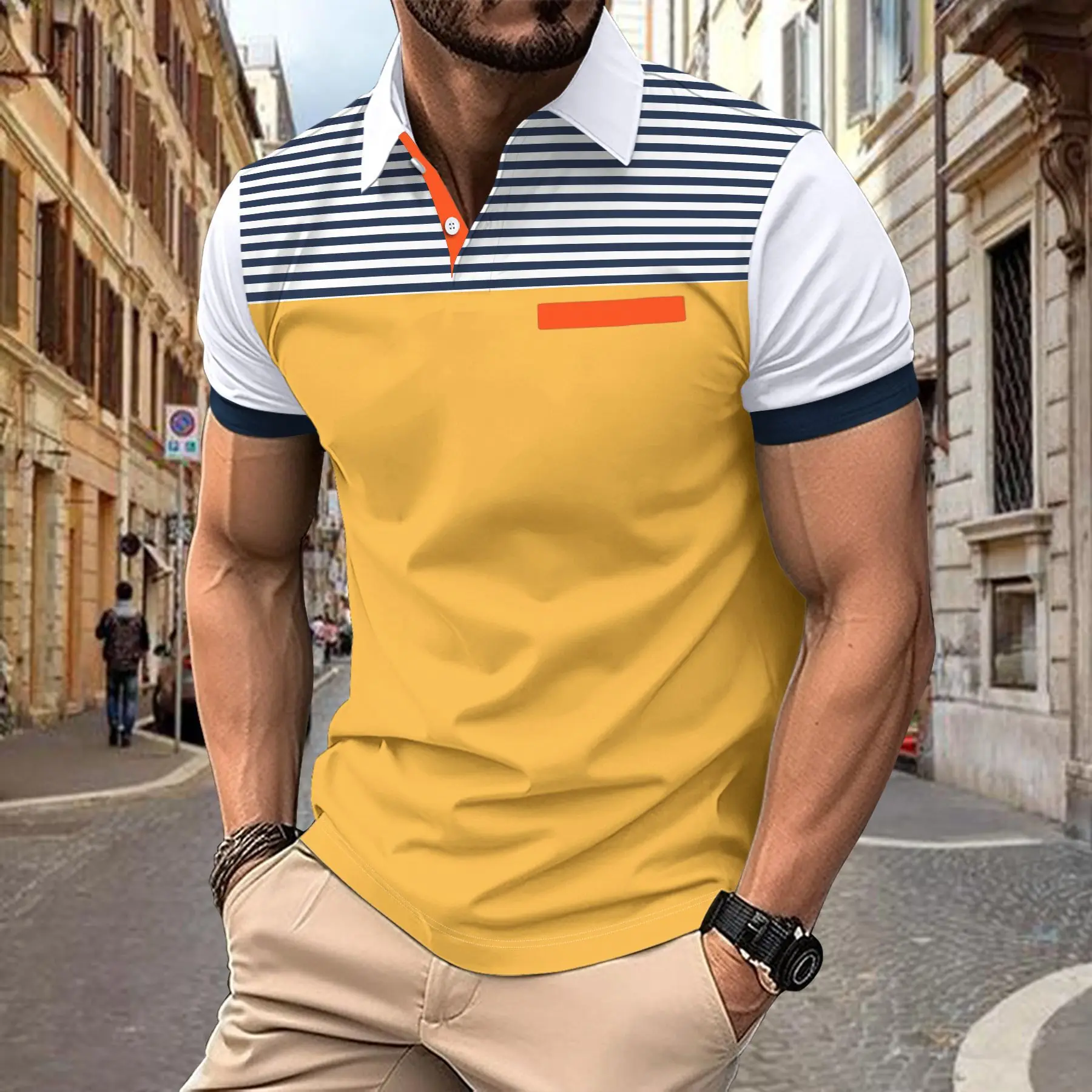 Men's polo, summer casual lapel buttons, chest pocket decoration, striped European and American short sleeves, blazer
Men's polo, summer casual lapel buttons, chest pocket decoration, striped European and American short sleeves, blazer