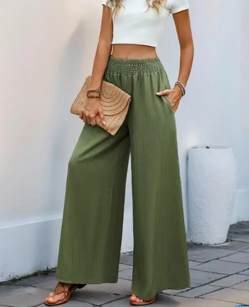 2025 New Casual Elegant Casual Vacation Versatile Simple Latest High Waist Elastic Waist Solid Color Wide Leg Pants for Women
2025 New Casual Elegant Casual Vacation Versatile Simple Latest High Waist Elastic Waist Solid Color Wide Leg Pants for Women