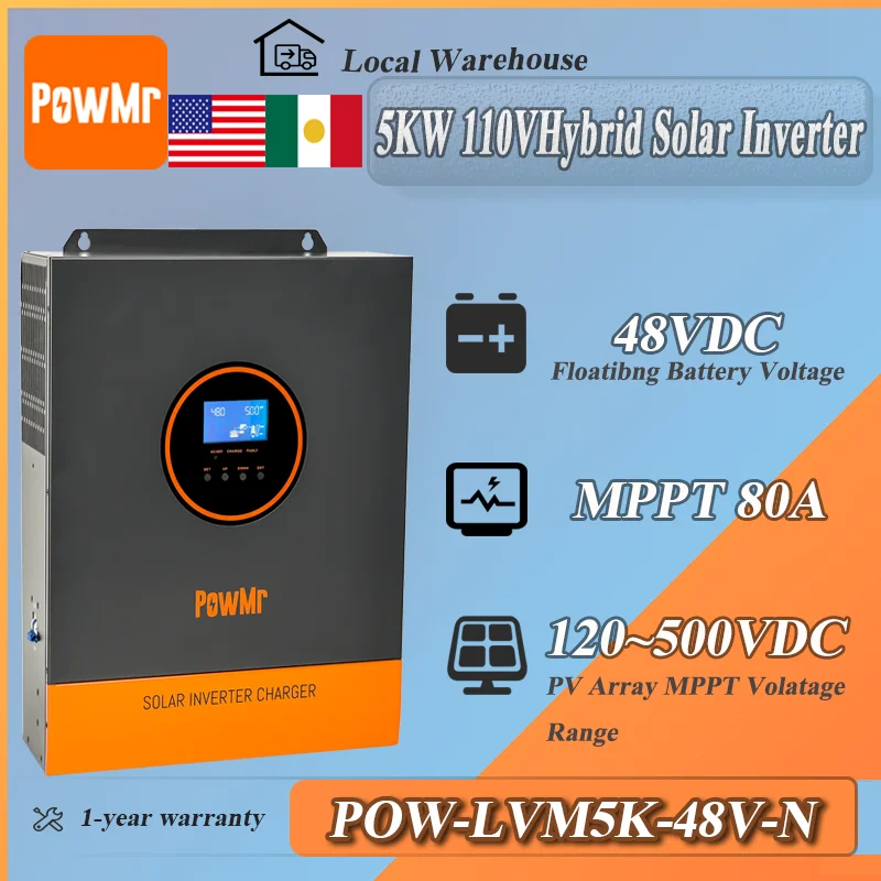 PowMr 5KW 48Vdc 110Vac Hybrid Solar Inverter Max PV 500V with 80A MPPT Charger Controller Pure Sine Inverter for Lithium Battery
PowMr 5KW 48Vdc 110Vac Hybrid Solar Inverter Max PV 500V with 80A MPPT Charger Controller Pure Sine Inverter for Lithium Battery