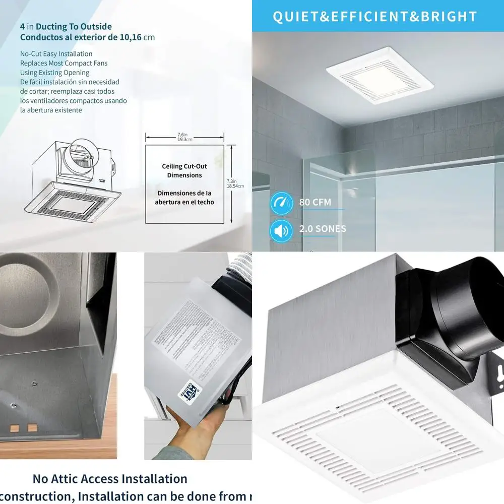 Ultra Quiet 80 CFM Bathroom Fan with LED Light, 2.0 Sone, 600 Lumens, No Attic Access Required
Ultra Quiet 80 CFM Bathroom Fan with LED Light, 2.0 Sone, 600 Lumens, No Attic Access Required
