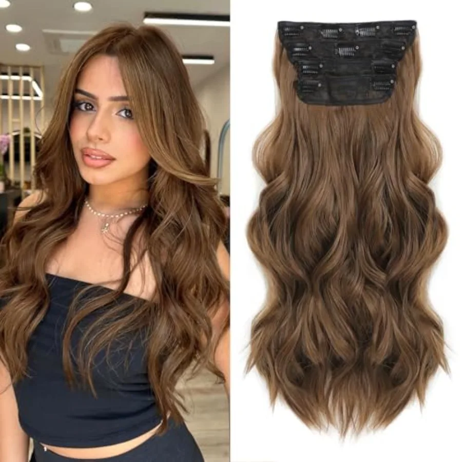 NAYOO 4PCS Clip in Hair Extensions Long Wavy Curly Synthetic Thick Hairpieces Medium Brown for Women with Fiber Double Weft Hai
NAYOO 4PCS Clip in Hair Extensions Long Wavy Curly Synthetic Thick Hairpieces Medium Brown for Women with Fiber Double Weft Hai