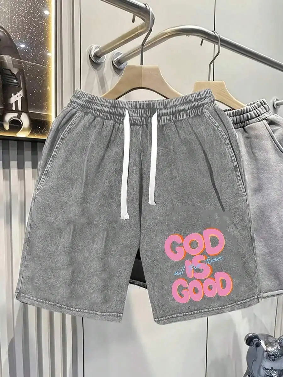 Mens Light Gray Vintage Washed Cotton Shorts With God Is Good Print Elastic Waist Drawstring Casual
Mens Light Gray Vintage Washed Cotton Shorts With God Is Good Print Elastic Waist Drawstring Casual