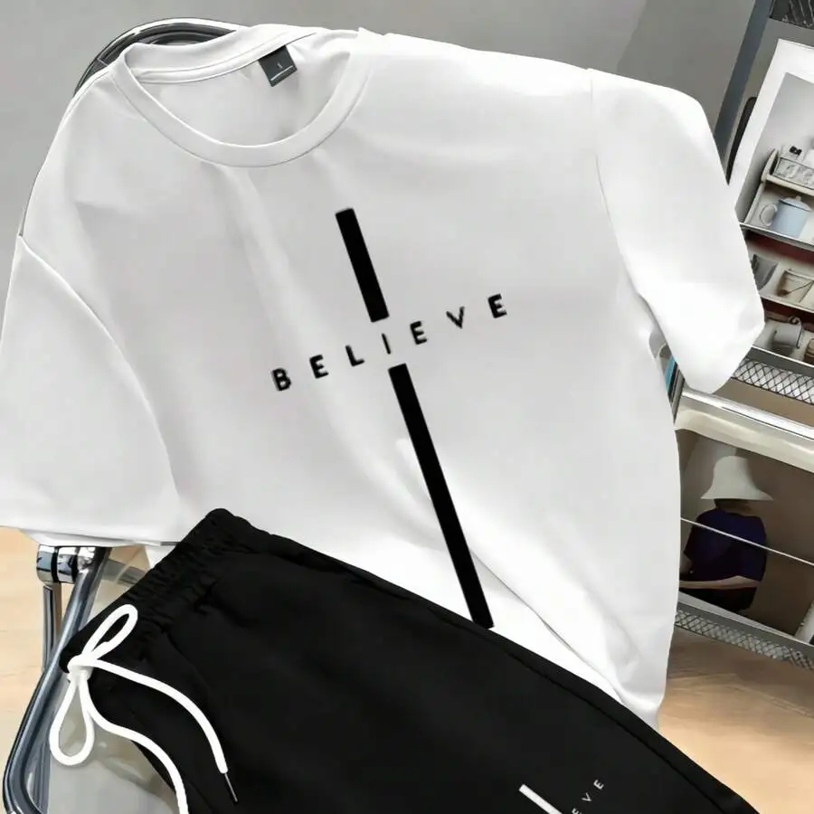 Mens Cotton T-Shirt And Shorts Set With Believe Cross Print Casual Sportswear
Mens Cotton T-Shirt And Shorts Set With Believe Cross Print Casual Sportswear