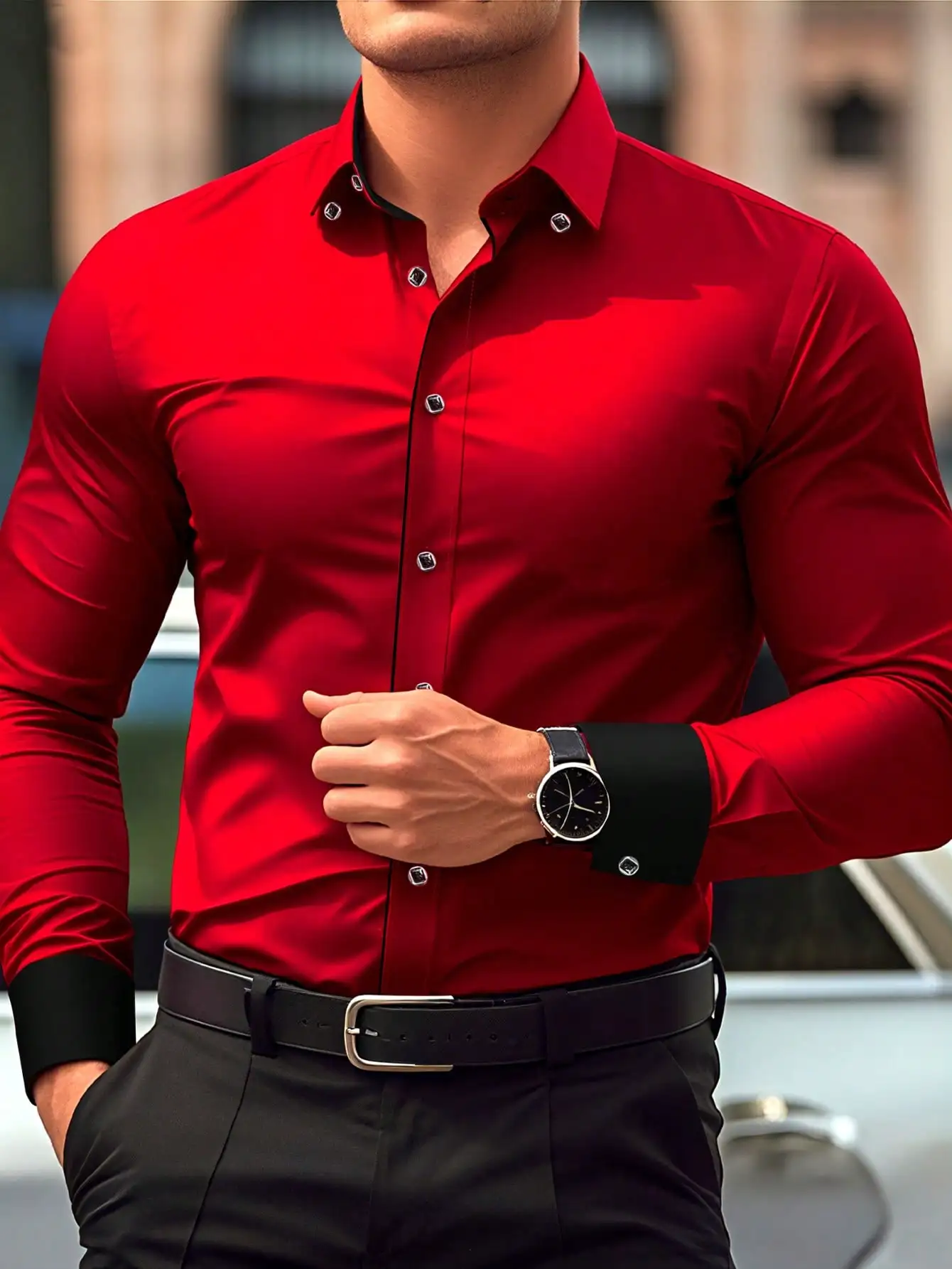 Men's Red Long Sleeve Formal Shirt with Black Contrast Trim
Men's Red Long Sleeve Formal Shirt with Black Contrast Trim
