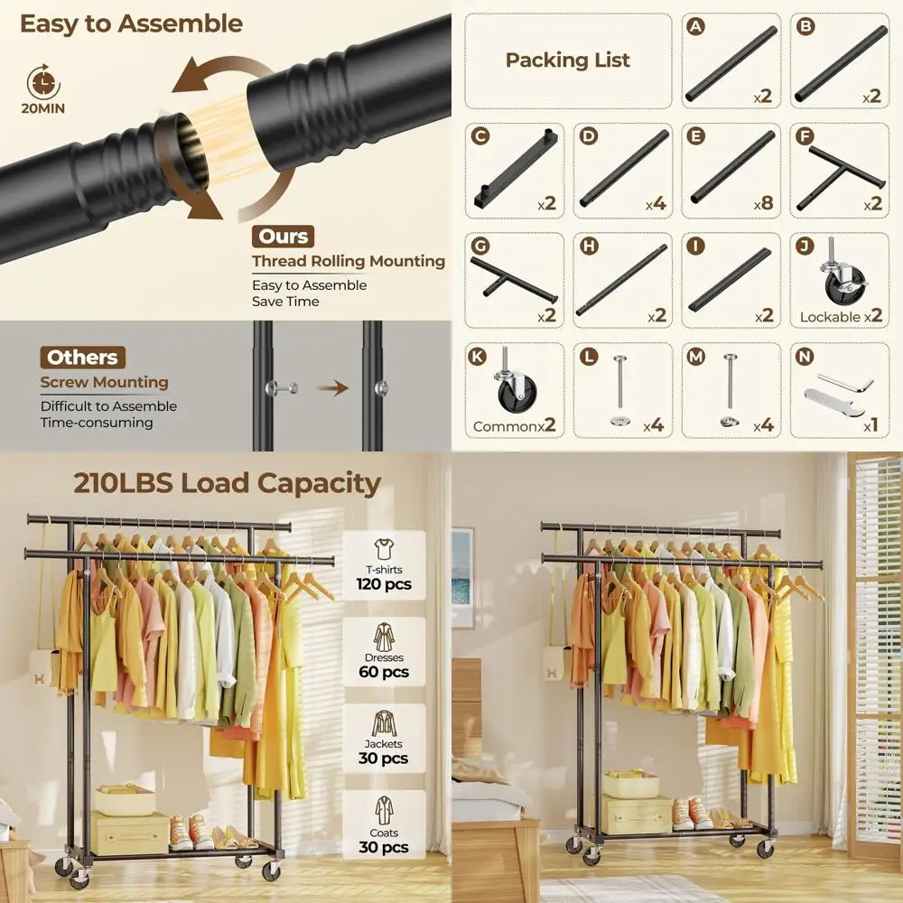 Portable Metal Clothes Rack, Rolling Wardrobe Rack with Hanging Bar, Sturdy Coat Rack for Bedroom, Laundry, Living Room, Black
Portable Metal Clothes Rack, Rolling Wardrobe Rack with Hanging Bar, Sturdy Coat Rack for Bedroom, Laundry, Living Room, Black