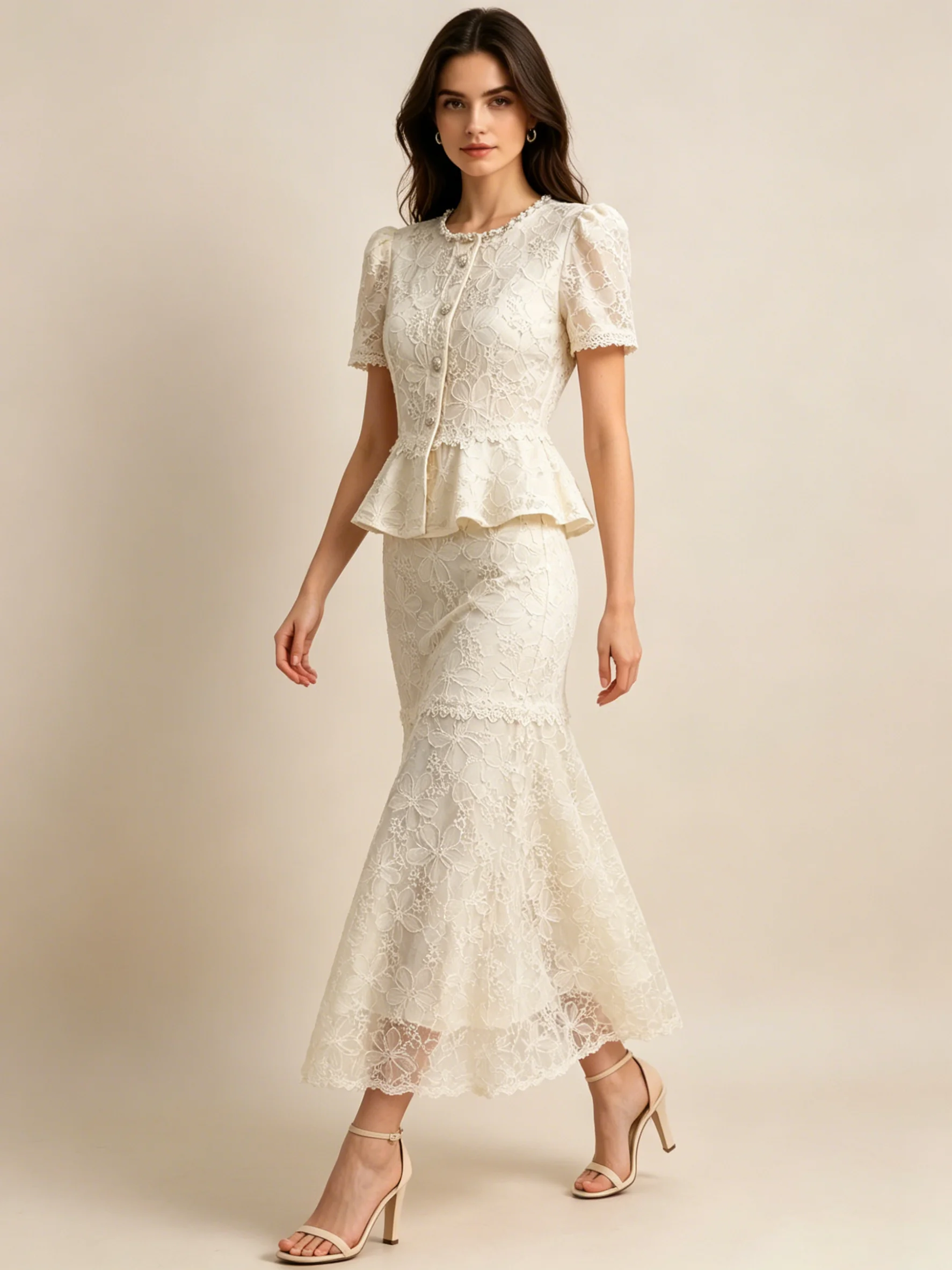LIMO White Lace 2 Piece Set Women Short Sleeve Peplum Top & Midi Skirt
LIMO White Lace 2 Piece Set Women Short Sleeve Peplum Top & Midi Skirt