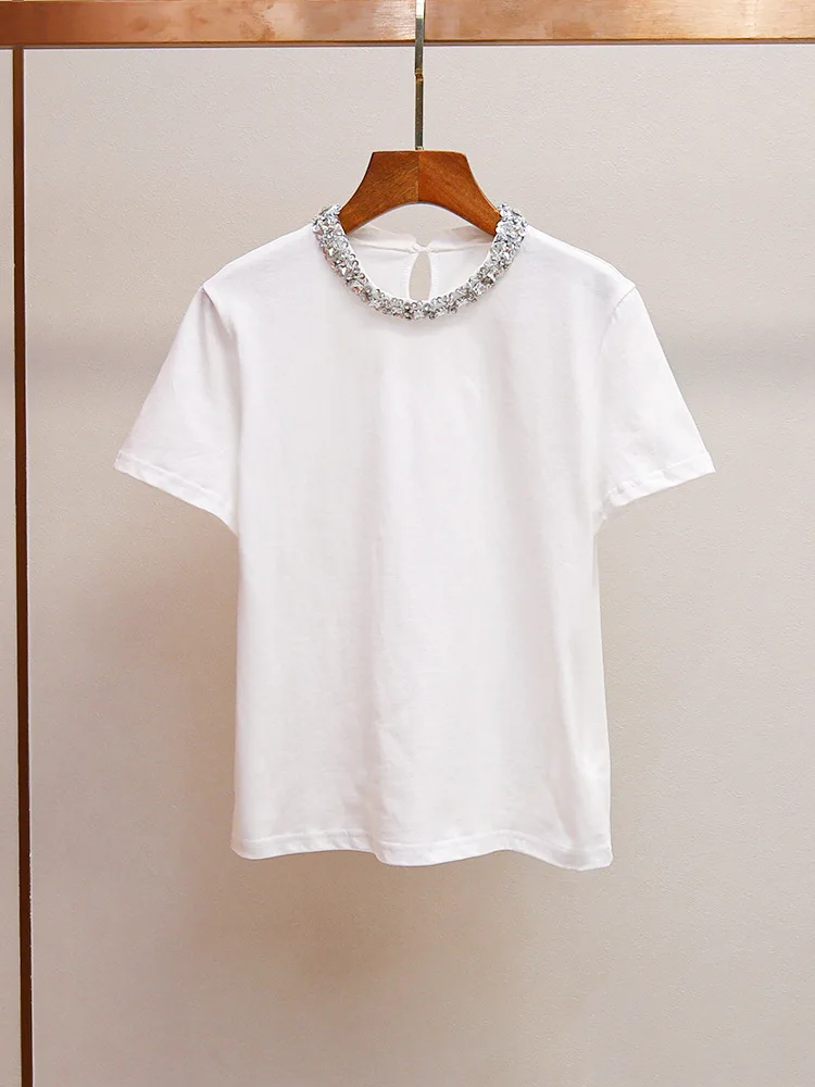 T-shirt for Women 2024 New Spring Summer Diamond Design O-neck Solid Color Casual Short Sleeve Top
T-shirt for Women 2024 New Spring Summer Diamond Design O-neck Solid Color Casual Short Sleeve Top