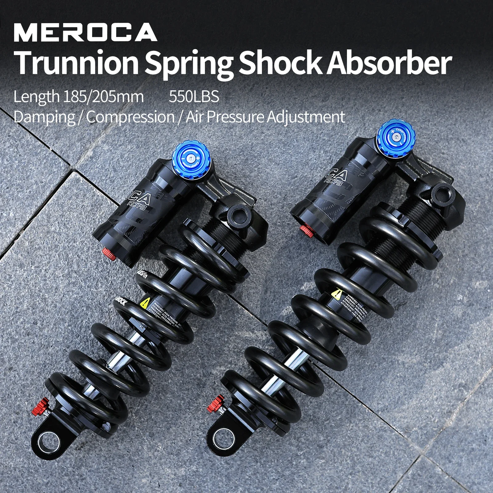 MEROCA RCT3 Trunnion Mount Rear Shock Absorber 185/205mm Coil Spring MTB Bicycle Soft Tail 550LBS
MEROCA RCT3 Trunnion Mount Rear Shock Absorber 185/205mm Coil Spring MTB Bicycle Soft Tail 550LBS