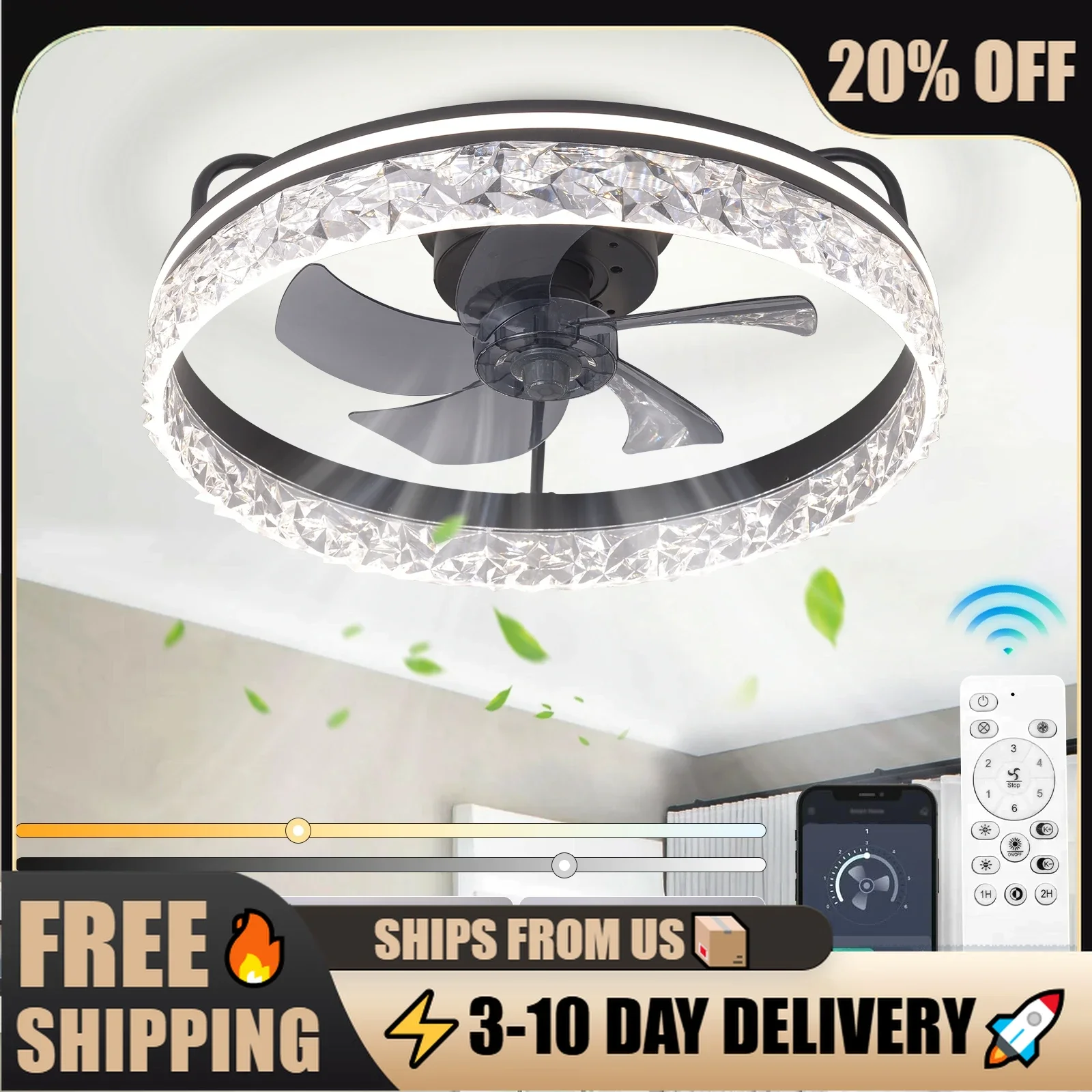 Smart Ceiling Fan Light with Remote/APP Control Diamond Acrylic Blades Stepless Dimming Memory Function Timer & 6-Speed Settings
Smart Ceiling Fan Light with Remote/APP Control Diamond Acrylic Blades Stepless Dimming Memory Function Timer & 6-Speed Settings