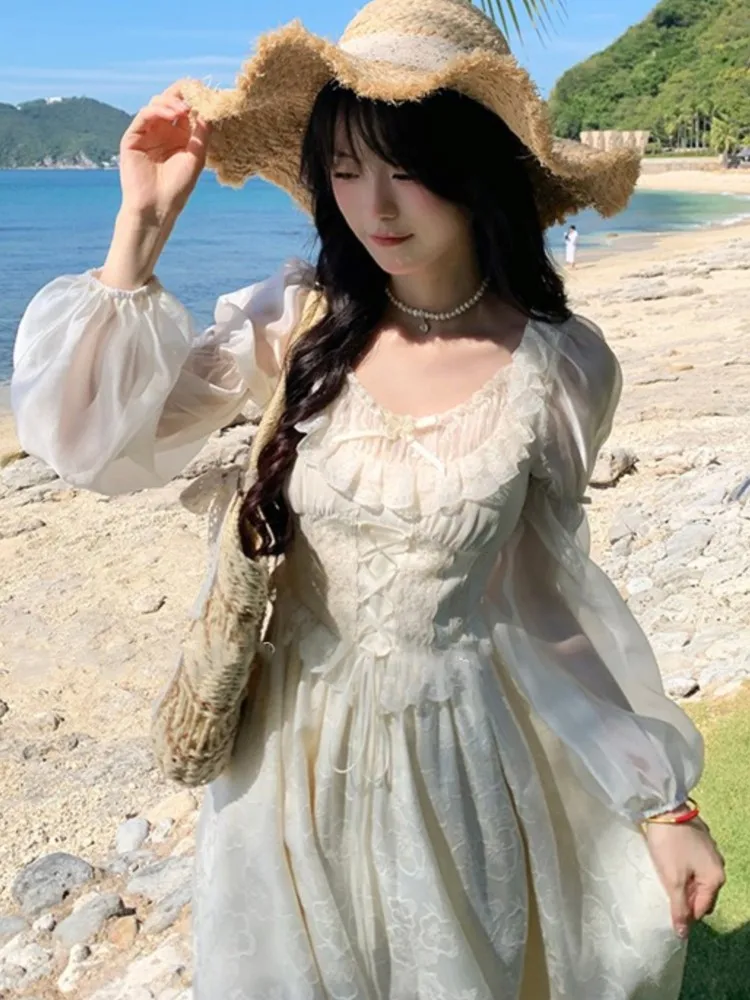 Women Puff Sleeves Floral Lace Up Midi Dress Summer Elegant Retro Evening Party Prom Gown Chic Lady Fairycore One-piece Clothing
Women Puff Sleeves Floral Lace Up Midi Dress Summer Elegant Retro Evening Party Prom Gown Chic Lady Fairycore One-piece Clothing
