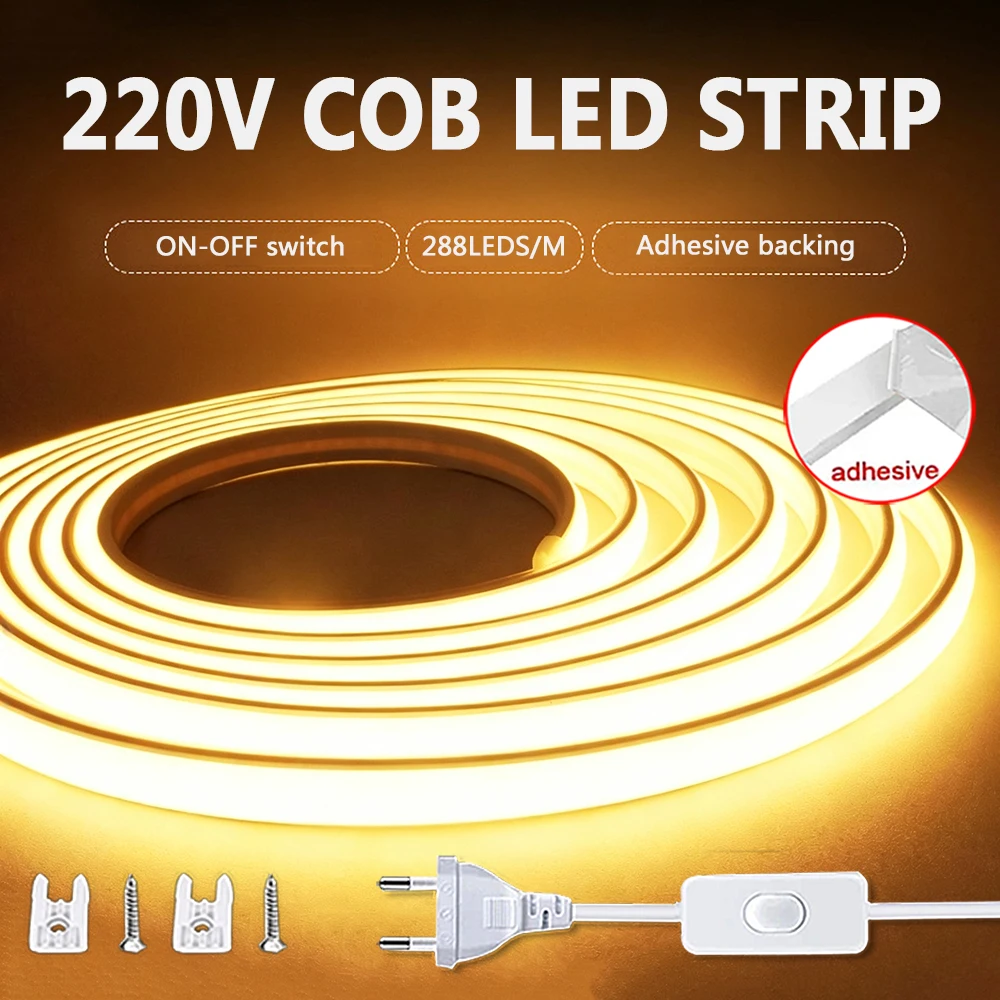 220V COB LED Strip Lights With ON-OFF Swtich EU Plug Waterproof Flexible Ribbon Tape Adhesive for Outdoor Kitchen Room Decor
220V COB LED Strip Lights With ON-OFF Swtich EU Plug Waterproof Flexible Ribbon Tape Adhesive for Outdoor Kitchen Room Decor