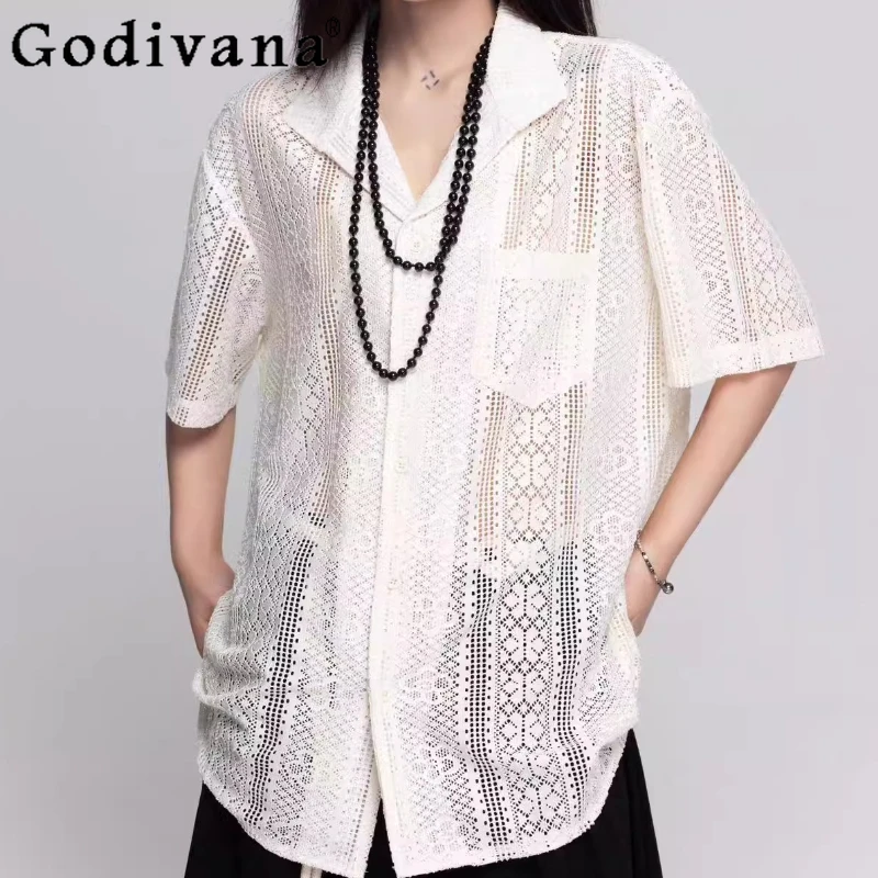 2025 Summer Thin Retro Breathable Hollow Lace Leisure Sunscreen Shirt Black White Short Sleeve Turn-down Collar Versatile Top
2025 Summer Thin Retro Breathable Hollow Lace Leisure Sunscreen Shirt Black White Short Sleeve Turn-down Collar Versatile Top