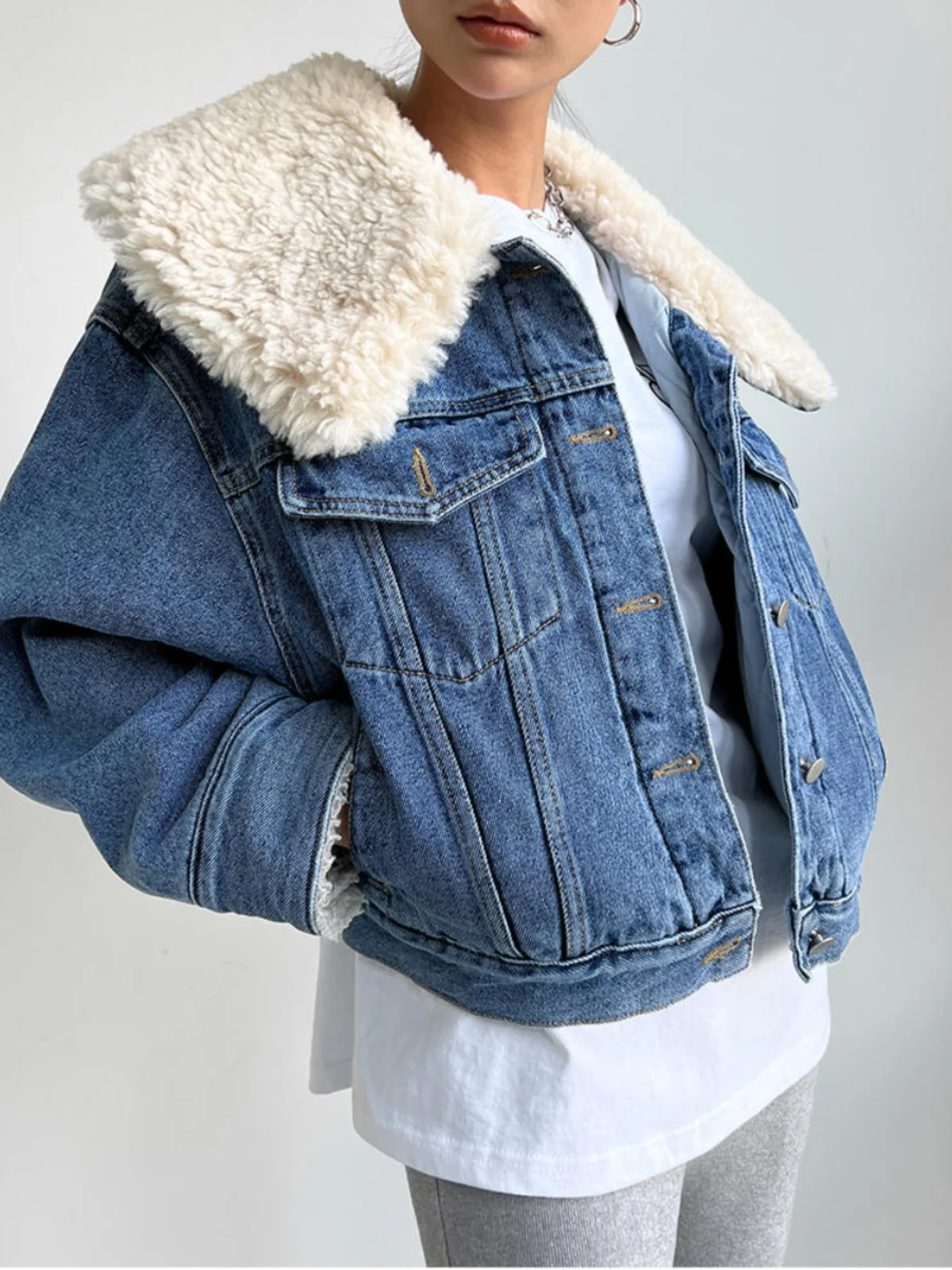 Lamb Fur Lined Denim Jaet Women's Loose Winter Thiened Warm ort Cotton Coat Upperwear Casual Commute Sle High Waist 
Lamb Fur Lined Denim Jaet Women's Loose Winter Thiened Warm ort Cotton Coat Upperwear Casual Commute Sle High Waist