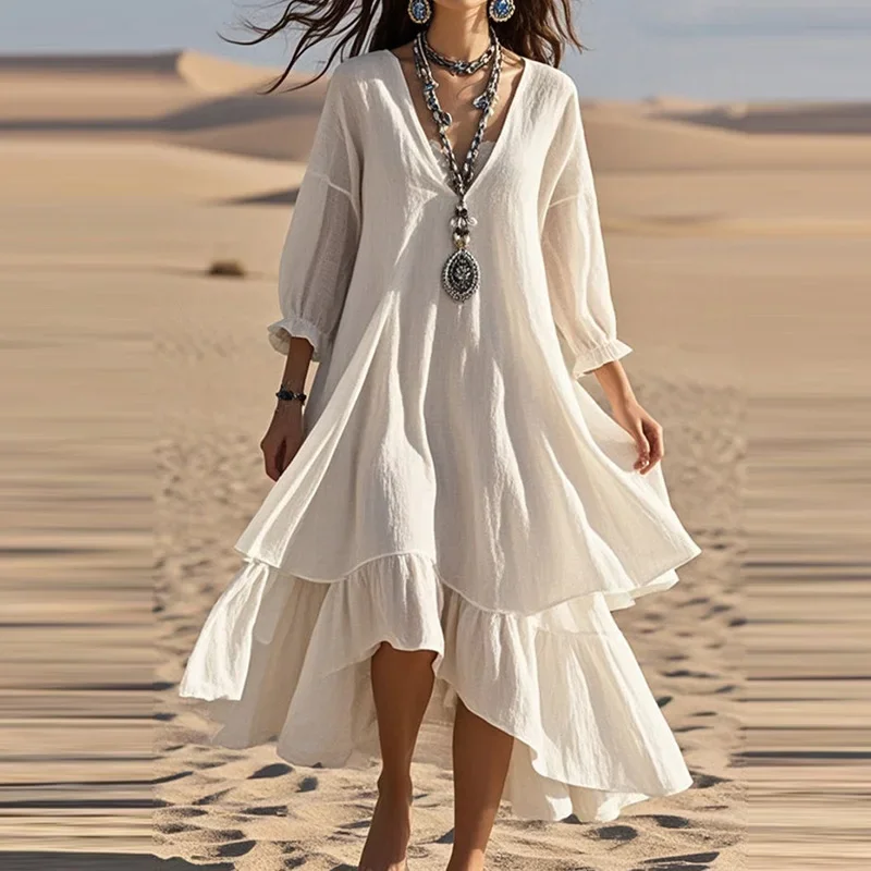 Summer Cotton Linen Loose Women's Dress Simple Solid Color Long Sleeved Desert Casual Dress Elegant Lady Deep V Swing Maxi Dress
Summer Cotton Linen Loose Women's Dress Simple Solid Color Long Sleeved Desert Casual Dress Elegant Lady Deep V Swing Maxi Dress