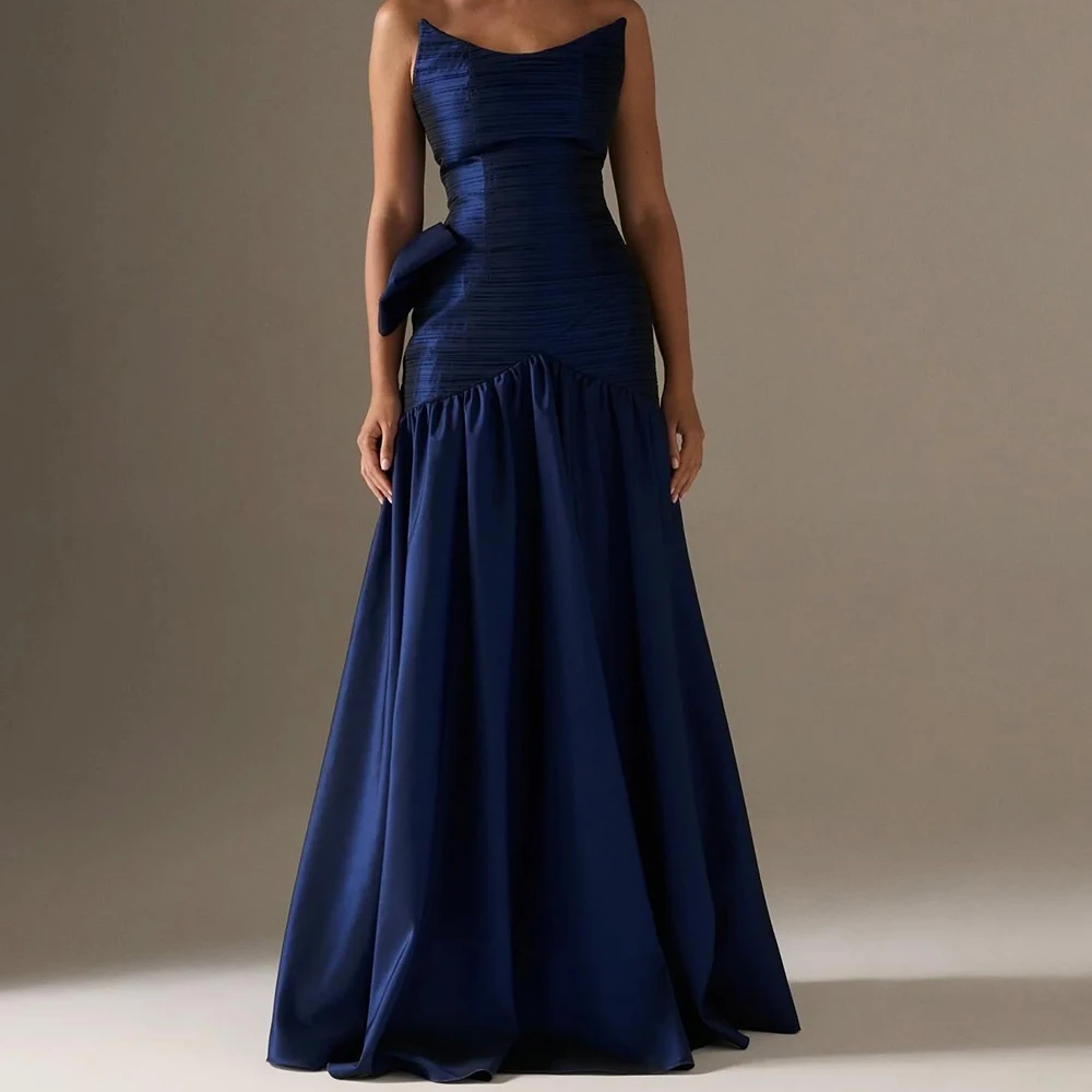 Customized Temperament Bow Satin Evening Dress Fashion A-Line Floor Length Strapless Sleeveless Blue Special Occasion Gowns
Customized Temperament Bow Satin Evening Dress Fashion A-Line Floor Length Strapless Sleeveless Blue Special Occasion Gowns