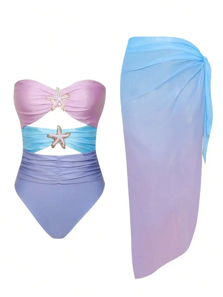 Womens Tube Cutout One-Piece Swimsuit With Star Decor And Gradient Mesh Skirt
Womens Tube Cutout One-Piece Swimsuit With Star Decor And Gradient Mesh Skirt