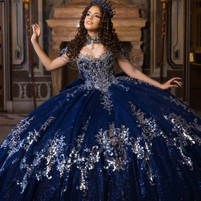 Shiny Dark Blue Quinceanera Dress off-shoulder Silvery Sequins Crystal Decal Long tail Bow vestidos de 15 Quinceanera Customize
Shiny Dark Blue Quinceanera Dress off-shoulder Silvery Sequins Crystal Decal Long tail Bow vestidos de 15 Quinceanera Customize
