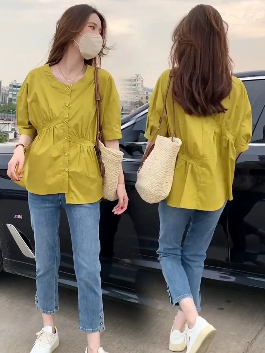 Women's Mid-Sleeve Shirt Asymmetrical Loose Slimming Pleated Top Summer Fashionable Stylish Small Shirt Design Sensation
Women's Mid-Sleeve Shirt Asymmetrical Loose Slimming Pleated Top Summer Fashionable Stylish Small Shirt Design Sensation
