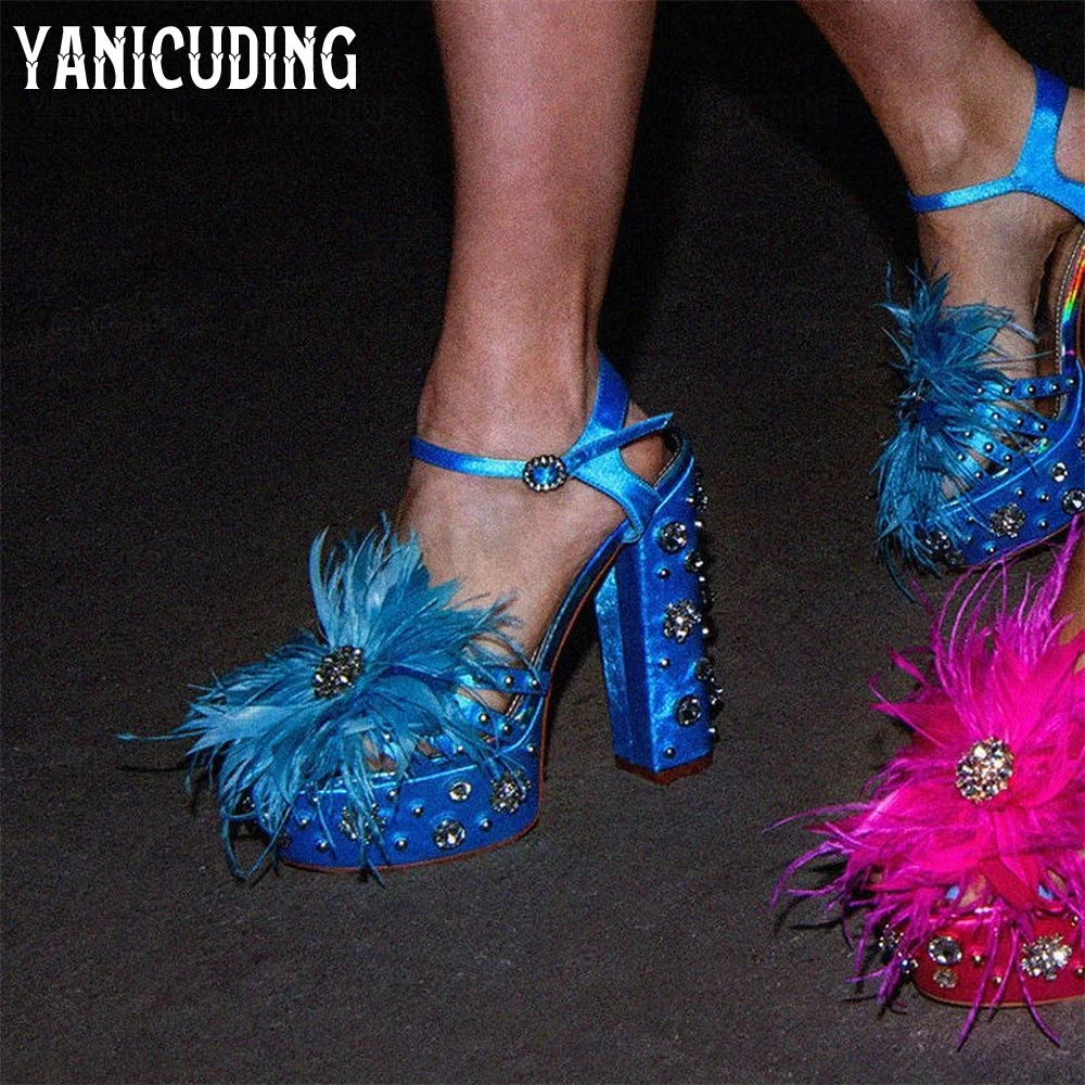 Feather Rhinestone Sandals Luxurious Style Summer Shoes Gem Decorated Buckle Sandals for Women Chunky Heeled Round Toe Sandals
Feather Rhinestone Sandals Luxurious Style Summer Shoes Gem Decorated Buckle Sandals for Women Chunky Heeled Round Toe Sandals