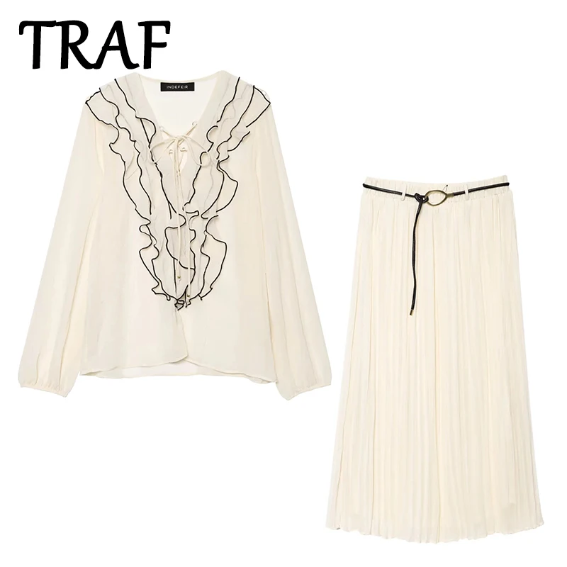 TRAF 2025 Belt Midi Skirt Two Pieces Sets Woman Fashion Ruffles Blouse Tops+Pleated Skirt Sets 2 Pieces Elegant Women Outfit
TRAF 2025 Belt Midi Skirt Two Pieces Sets Woman Fashion Ruffles Blouse Tops+Pleated Skirt Sets 2 Pieces Elegant Women Outfit