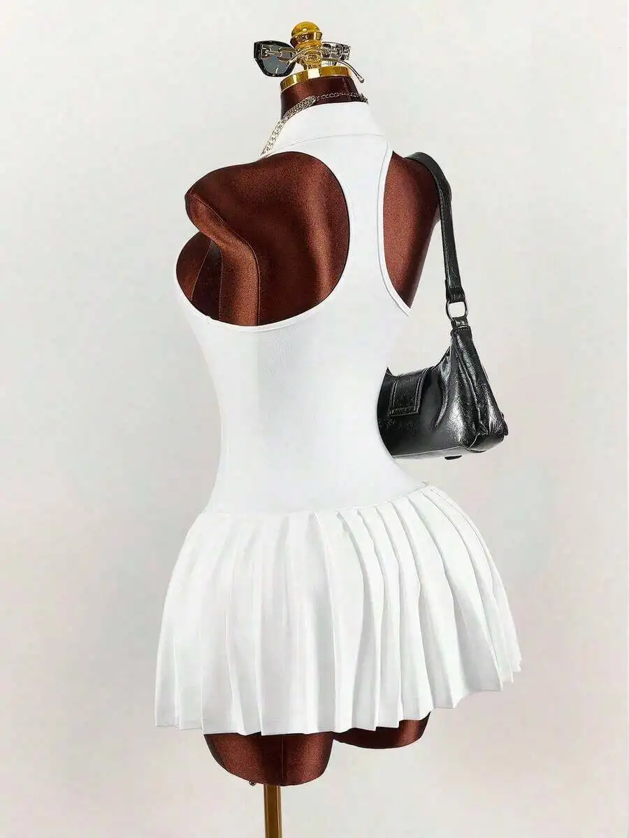 Womens White Sleeveless Pleated Mini Dress With Collar And Backless Design
Womens White Sleeveless Pleated Mini Dress With Collar And Backless Design