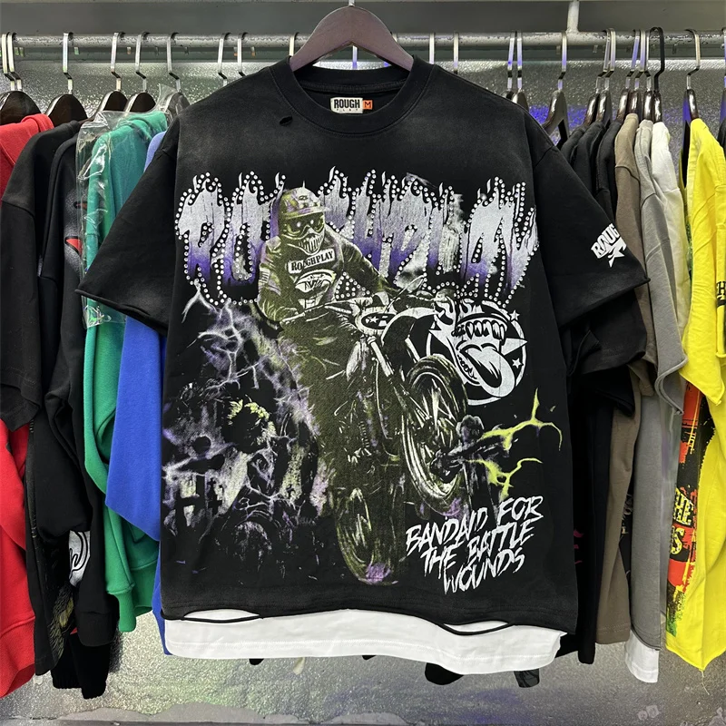 Rough Motorcycle Printed Double Yarn Pure Cotton Washable Perforated Splicing Short Sleeved t-Shirt
Rough Motorcycle Printed Double Yarn Pure Cotton Washable Perforated Splicing Short Sleeved t-Shirt