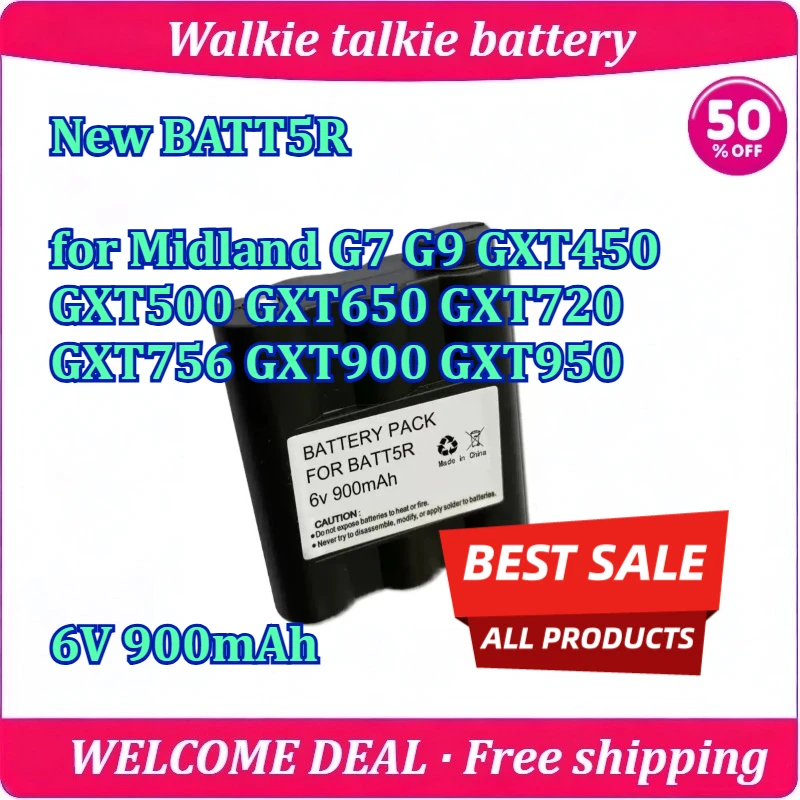 New BATT5R for Midland G7 G9 GXT450 GXT500 GXT650 GXT720 GXT756 GXT900 GXT950 Walkie Talkie Battery 6V 900mAh Ni-MH Battery
New BATT5R for Midland G7 G9 GXT450 GXT500 GXT650 GXT720 GXT756 GXT900 GXT950 Walkie Talkie Battery 6V 900mAh Ni-MH Battery