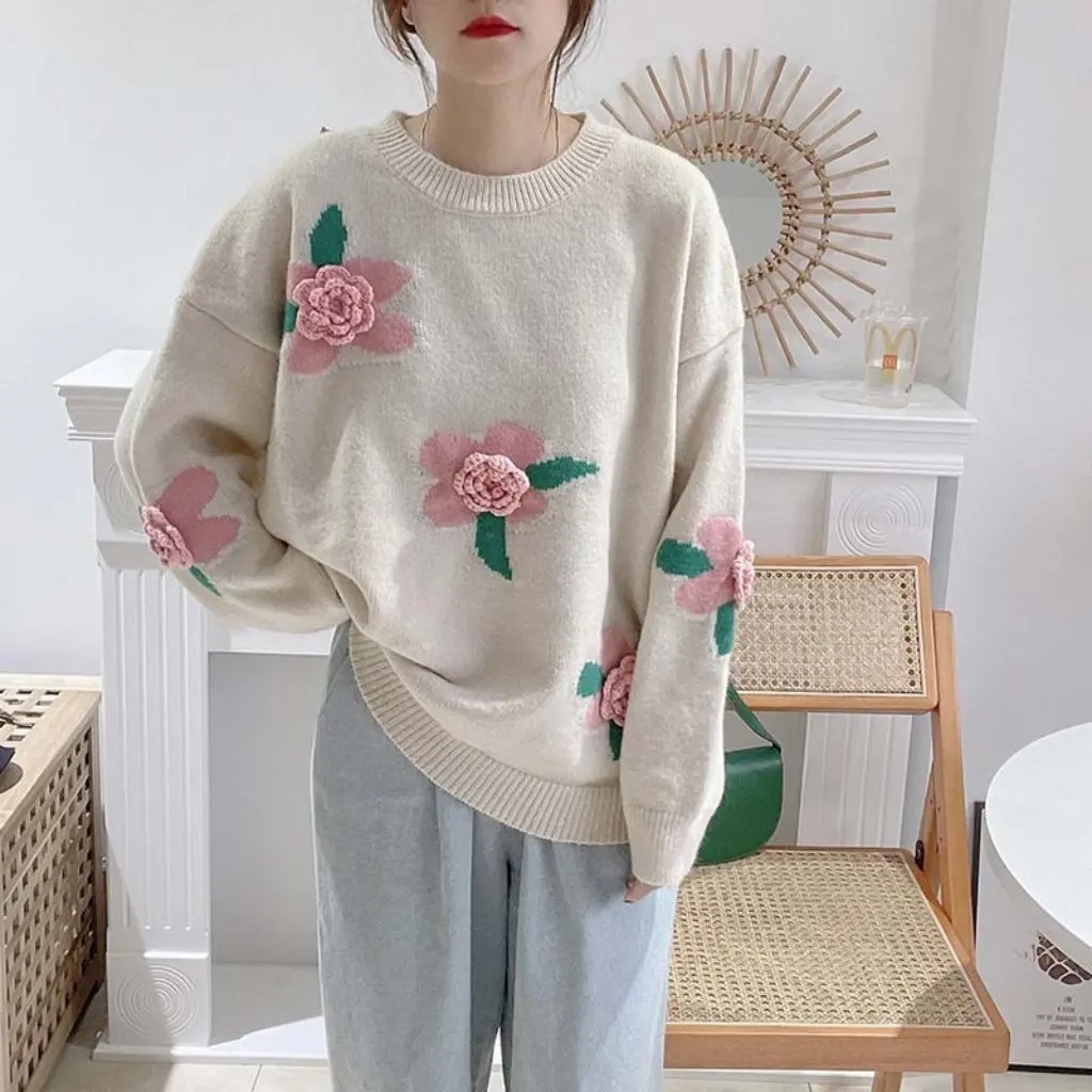Women's round Neck Pullover Knitwear Japanese Korean Style Lazy Loose Fit Handmade Flower Design Autumn Winter Top
Women's round Neck Pullover Knitwear Japanese Korean Style Lazy Loose Fit Handmade Flower Design Autumn Winter Top