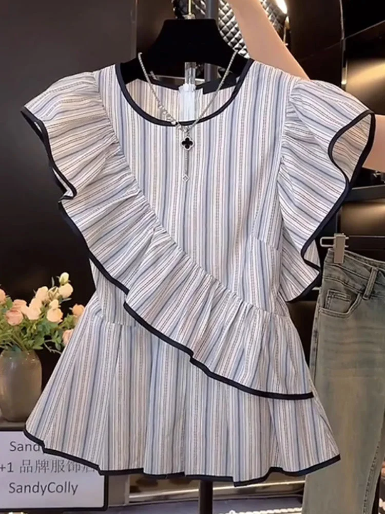 Ruffle Striped Shirt 2026 Summer Sweet Flying Sleeves Loose Versatile Top Women's Temperament Round Neck Commute Blouse
Ruffle Striped Shirt 2026 Summer Sweet Flying Sleeves Loose Versatile Top Women's Temperament Round Neck Commute Blouse