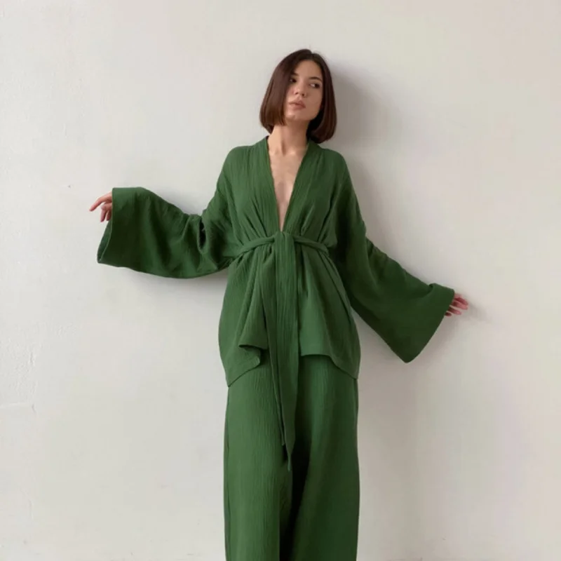 Kimono Pajamas 2023 Spring French Loose Double Layer Gauze Shirt Pants Two-piece Set Women Pure Cotton Casual Fashion Set
Kimono Pajamas 2023 Spring French Loose Double Layer Gauze Shirt Pants Two-piece Set Women Pure Cotton Casual Fashion Set