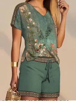 Comfortable V-neck T-shirt + Shorts Two-piece Set Women's Suit New Fashion Casual Top Pants Sexy Elegant 2024 Summer Printing
Comfortable V-neck T-shirt + Shorts Two-piece Set Women's Suit New Fashion Casual Top Pants Sexy Elegant 2024 Summer Printing
