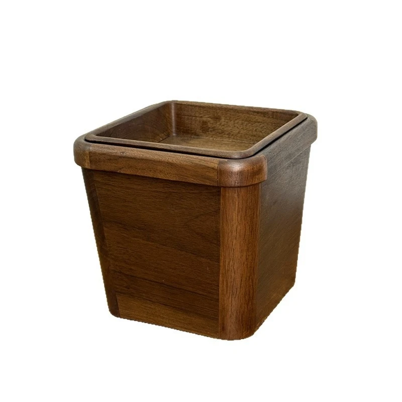 Black walnut solid wood exquisite small trash can living room office desktop high-end paper basket with lid 
Black walnut solid wood exquisite small trash can living room office desktop high-end paper basket with lid