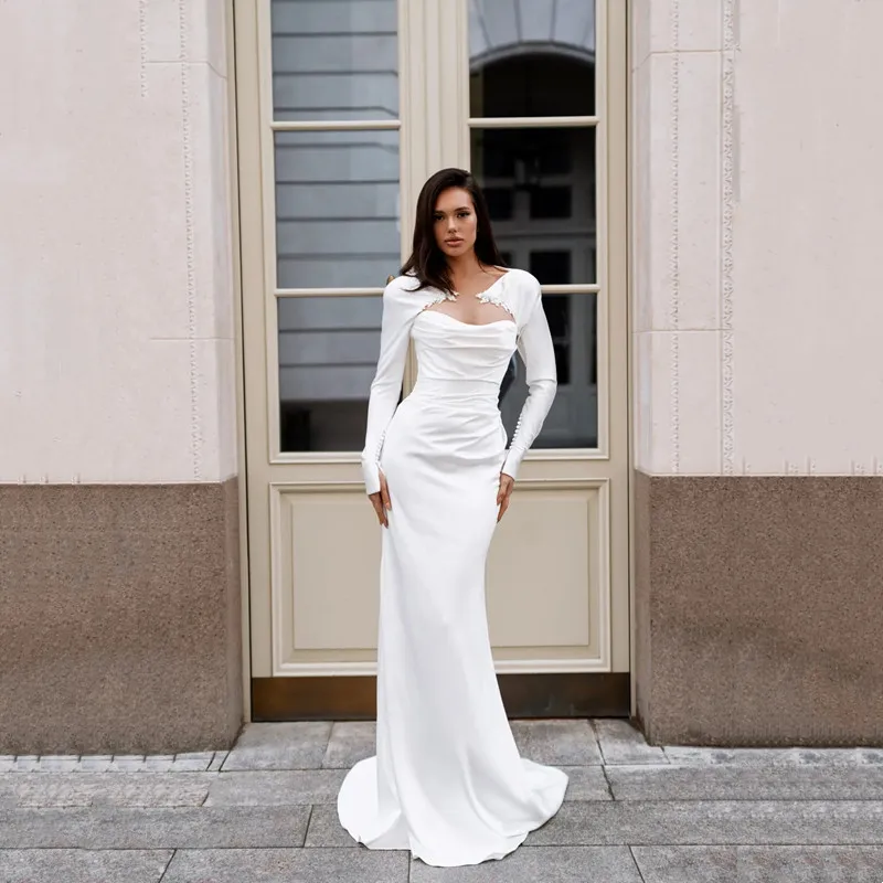 Simple White Mermaid Wedding Dress Sexy Strapless Full Sleeves Long Dresses Pleated Lace Bride Gown Elegant Open Back Customized
Simple White Mermaid Wedding Dress Sexy Strapless Full Sleeves Long Dresses Pleated Lace Bride Gown Elegant Open Back Customized