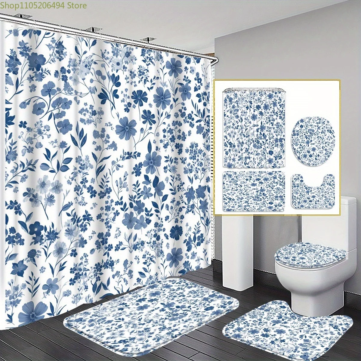 1/3/4 шт. Синяя занавеска для душа с цветочным принтом, набор для ванной с ковриком для ванной, U-образной крышкой для унитаза и крышкой - элегантная темно-синяя и белая ванна
1/3/4 шт. Синяя занавеска для душа с цветочным принтом, набор для ванной с ковриком для ванной, U-образной крышкой для унитаза и крышкой - элегантная темно-синяя и белая ванна