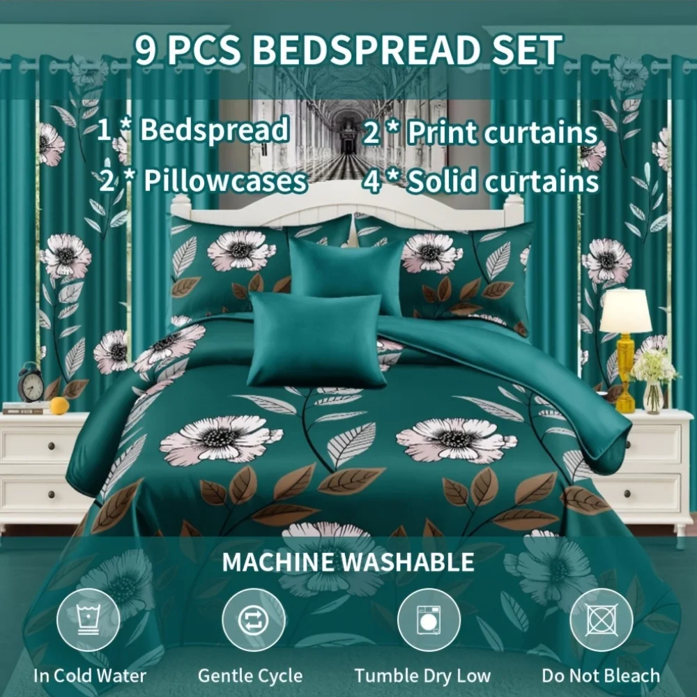 This Is a 9pcs Bedding Collection That Features a Bedspread, Two Pillowcases, Two Printed Curtains, And Four Solid Curtains. It
This Is a 9pcs Bedding Collection That Features a Bedspread, Two Pillowcases, Two Printed Curtains, And Four Solid Curtains. It