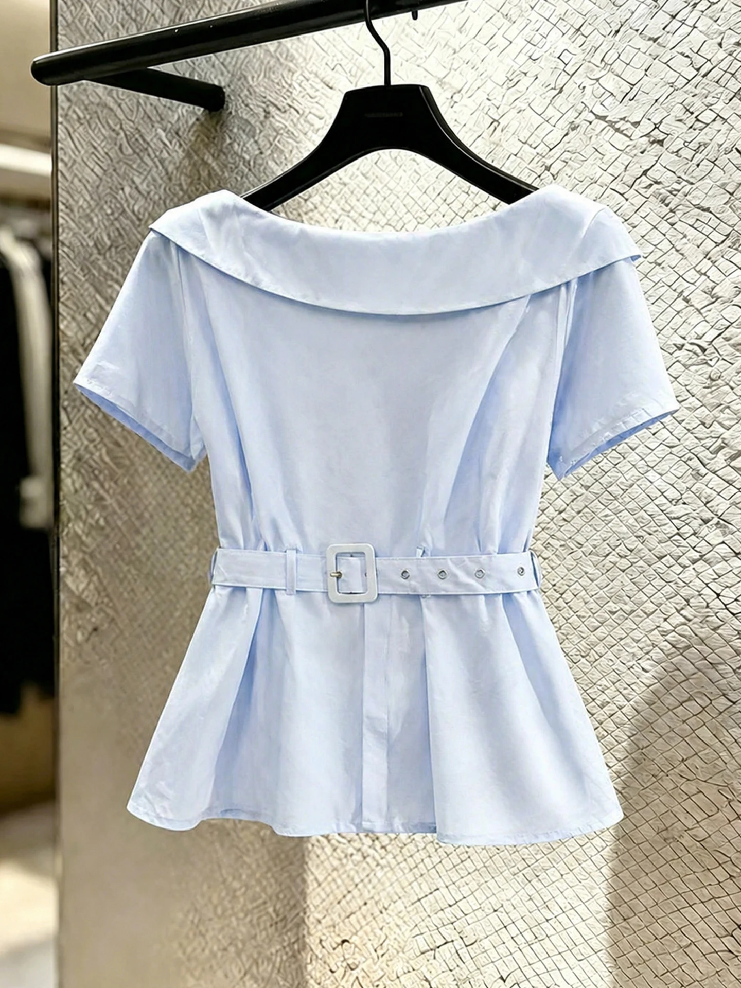 Fashionable Shoulder Bared Short Sleeve Shirt Women's Belted Slim Fit Pure Color Top Korean Style Commute Silk Blend Shirt
Fashionable Shoulder Bared Short Sleeve Shirt Women's Belted Slim Fit Pure Color Top Korean Style Commute Silk Blend Shirt