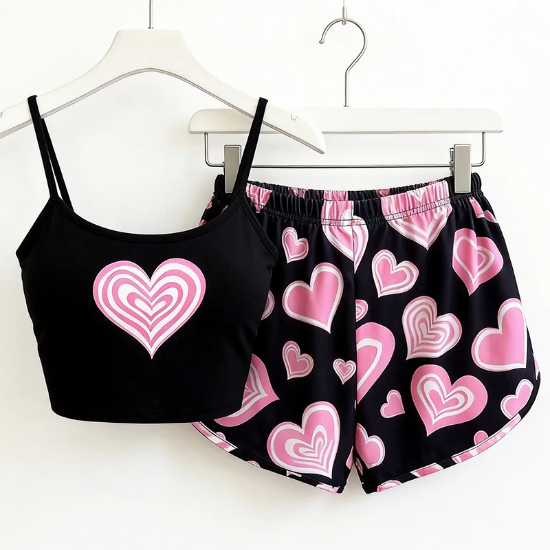 Summer Women Two Pieces Shorts Painting Of Heart Butterfly Pajamas With Suspenders Vest Colorful Elastic Cute Girls Home wear
Summer Women Two Pieces Shorts Painting Of Heart Butterfly Pajamas With Suspenders Vest Colorful Elastic Cute Girls Home wear
