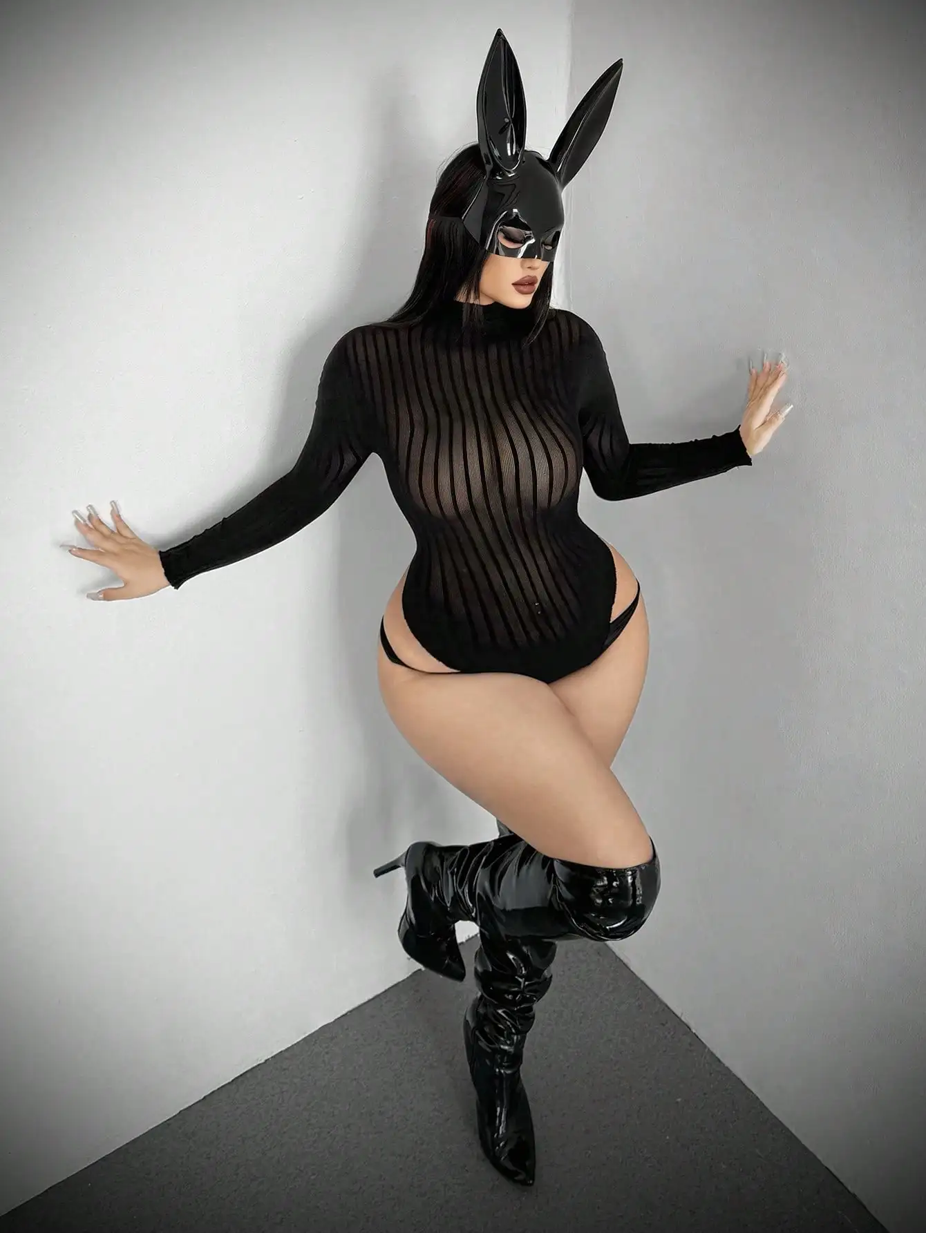 Women Plus Size Sexy Bodysuit Sheer Vertical Striped Mock Turtleneck Bodysuit High Cut Leotard for Halloween Costume Club Party
Women Plus Size Sexy Bodysuit Sheer Vertical Striped Mock Turtleneck Bodysuit High Cut Leotard for Halloween Costume Club Party