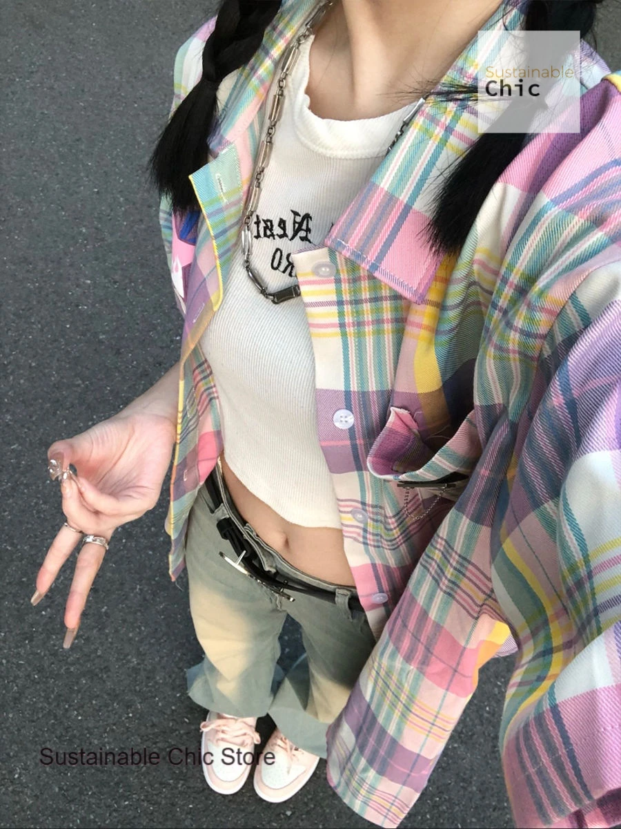 American Street Dopamine Rainbow Plaid Short-sleeved Shirt Women's Summer New Fashion Loose Couples Outside a Casual Top
American Street Dopamine Rainbow Plaid Short-sleeved Shirt Women's Summer New Fashion Loose Couples Outside a Casual Top