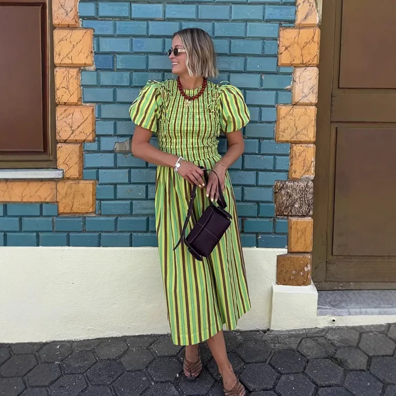Fashionable design round neck bubble sleeve striped printed waist cinching dress 2025 summer new item
Fashionable design round neck bubble sleeve striped printed waist cinching dress 2025 summer new item
